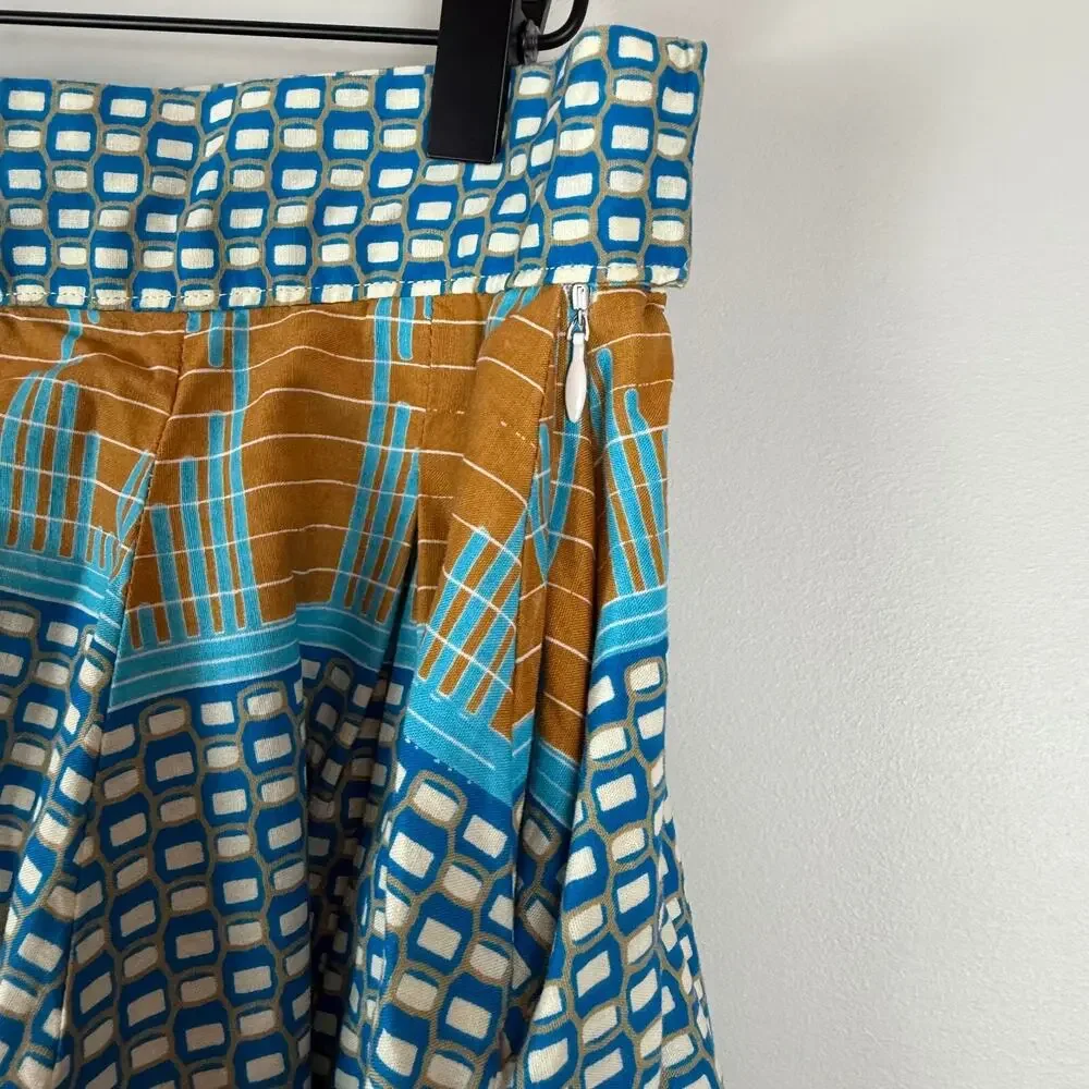 Francis + Benedict A-Line Skirt Women's Small Blue Brown Geo Pleated Togo Africa